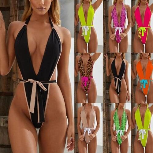 Color contrast One piece swimsuit High leg cut Swimwear women 2021 Sexy Bathers Plunging Monokini Wrap belt Thong bathing suit