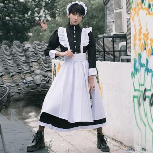 2021 Maid Cosplay Costume Men Women Anime Maid Outfit Gay Adult Lolita Dress Black and White Apron Dresses Homosexual Free Socks