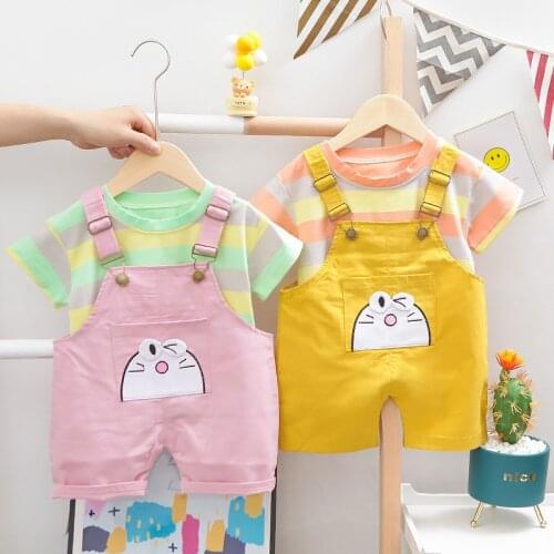 Summer New 0-4 Years Old Baby Girl Childrens Suit Striped Short Sleeve + Doraemon Doraemon Pocket Strap Shorts Two-pieces Sets