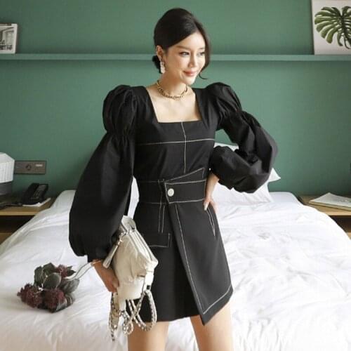 LLZACOOSH New Autumn Woman 2 Piece Sets Square collar Lantern sleeve Shirt Top + High Waist Irregular Casual Elegant Skirt Suits