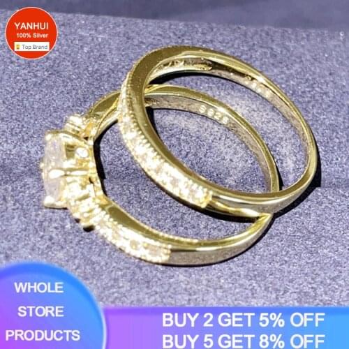 14K Yellow Gold 2.0 Carats Diamond Rings Sets for Women Luxury Engagement Bizuteria Anillos CZ Gemstone 925 Silver Wedding Bands