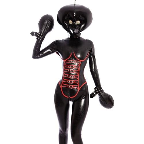 Inflatable Black Latex Full Body Catsuit Rubber Bodysuit Latex Cosplay Jumpsuit with Latex Corset