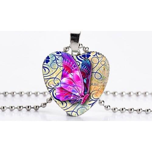2020 New Butterfly Flower Heart Pendant Necklaces For Women Boho Silver Color Chain Necklace Fashion Glass Jewelery Love Gift
