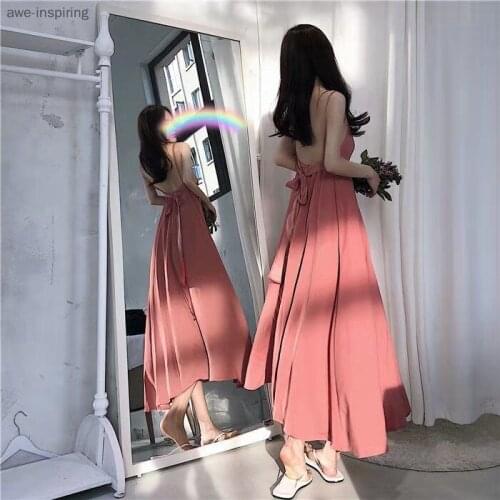 2021 Summer New Bow Tie Halter Chiffon Suspender Dress with Waist and Thin Temperament Large Swing Dress Waist Slim
