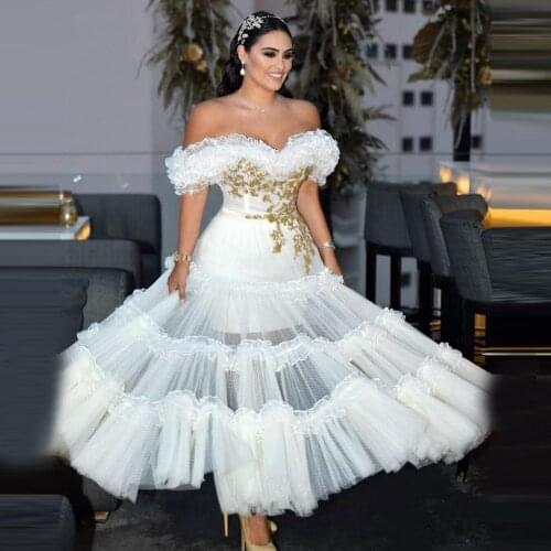 Charming Little White Prom Dresses Cap Sleeves Ruffles Gold Appliques Short Arabic Evening Gowns Ball Gown Puffy