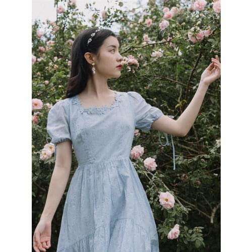 French Womens Elegant Square Collar Puff Sleeve Blue Dress Forest Mori Girl Summer Hollow Gentle Princess Party Dress Vestidos