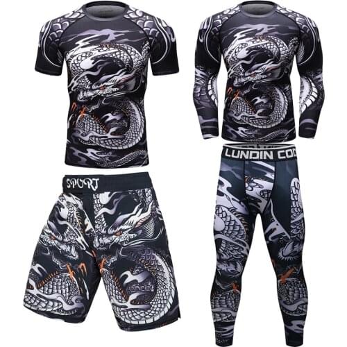 Fitness Rashguard Sport Suit Print Dragon Mma Men T-shirt Shorts Bjj Jiu Jitsu Kickboxing Muay Thai MMA Rashguard Boxing Jerseys