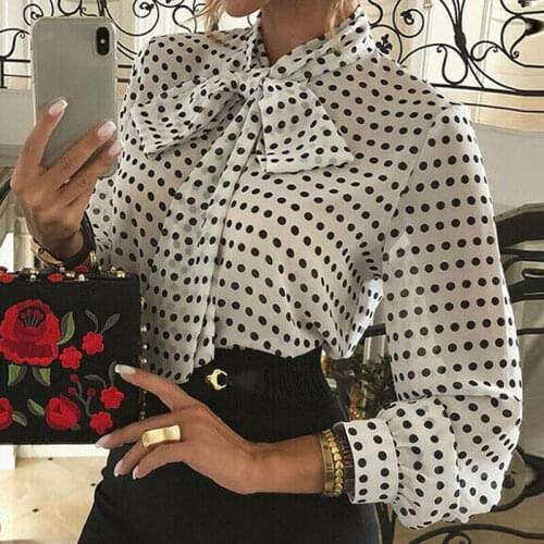 Elegant Women Lady Formal Long Sleeve Shirt Chiffon Blouse Tie Polka Dot Tops Casual Office Work Tee Shirt
