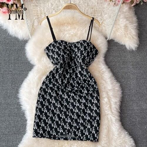 YornMona Sexy Black Letters Spaghetti Strap Dress 2021 Summer High Waist Mini Night Club Dress Slim Ladies Dresses