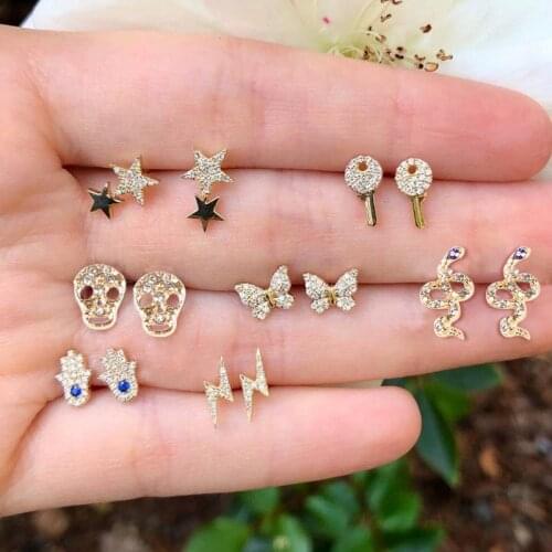 7 Pair/Set Boho Crystal Stars Butterfly Key Skull Hand Snake Earrings Set Women Punk Stud Earring Personality Party Jewelry Gift
