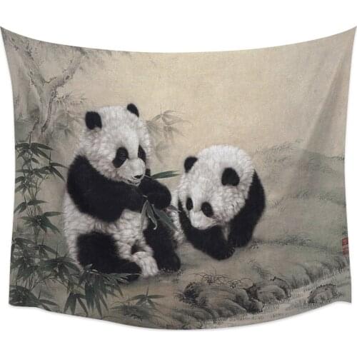 Modern Wall Tapestry Animal Cute Panda Bamboo Ink Painting Tapestry Wall Hanging Dormitory Living Room Bedroom Decoration