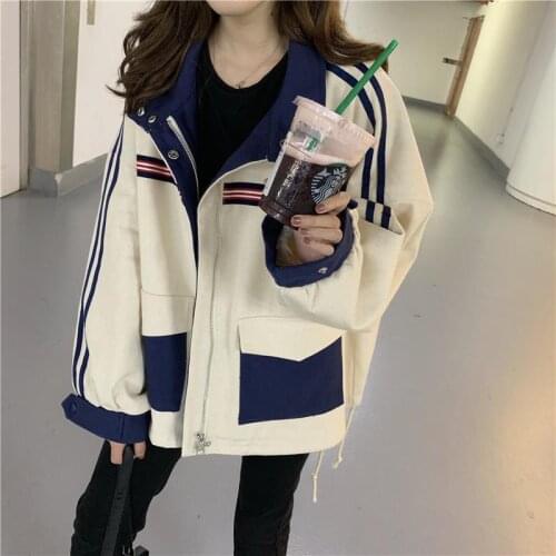 Womens Jacket Korean Color Matching Jacket Autumn Long-sleeved Loose Wild Retro Overalls Jacket Jacket