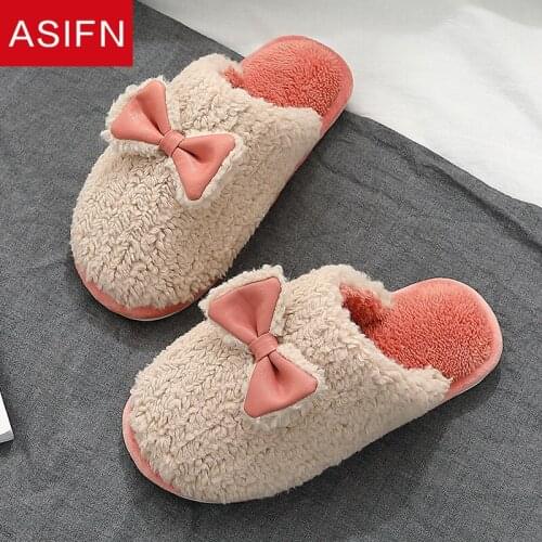 ASIFN Women Cute Winter Home Fur Slippers New Warm Classic Furry Bedroom Non-slip Flock Indoor Ladies Cotton Women Shoes