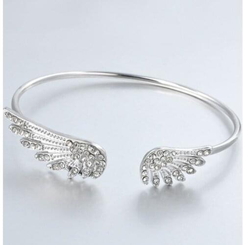 Womens Fashion Silver Color Rhinestone Angel Wings Bangle Cuff Bracelet Jewelry