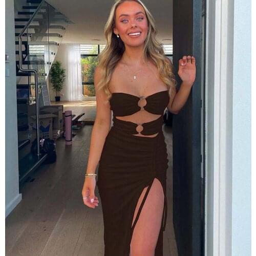 Womens Summer Dress One-Shoulder Sexy Hollow Out High Split Hip Dress Drawstring Folds Fashion Bodycon Dress 2021 Vestidos Robe