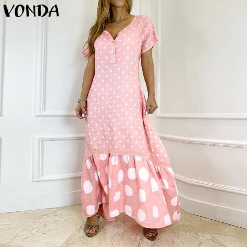 Women Dress 2021 VONDA Vintage Polka Dot Ruffled Hem Party Long Maxi Dress Bohemian Button Up Short Sleeve Shirt Vestido Robe