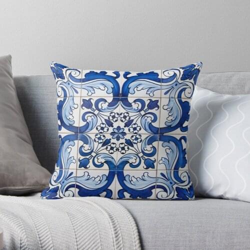 Antique Classic Lisbon Blue Azulejo Tile Floral Pattern Throw Pillow Cushion Cover PolyesterHome Decor