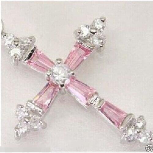 FREE shipping> >>>New Cross Pink Crystal Silver Plated Pendant Necklace + Free Chain