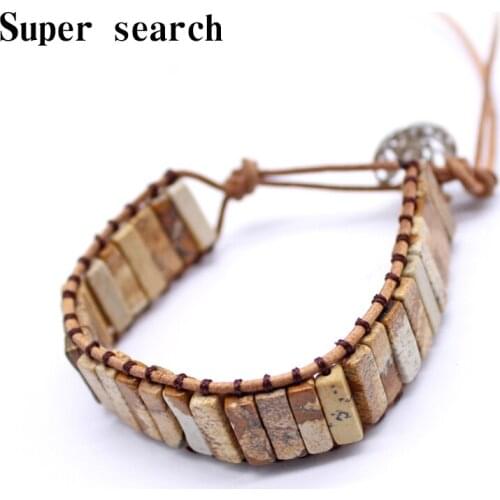 Unisex Bohemian Tube Natural Picture stone Single Leather Wrap Bracelet Beaded Couples Bracelet Bestfriend Gifts Dropship