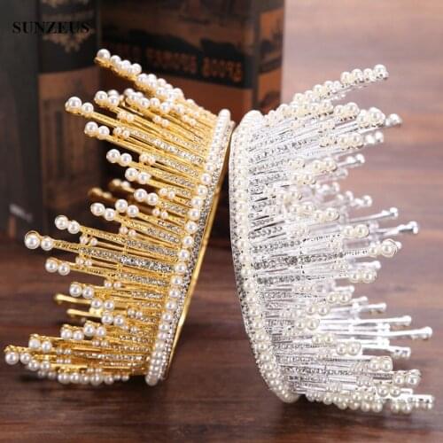 Headband Round Queen Tiaras Crown Pearls Crystal Wedding Tiara Silver/ Gold Headwear mariage SQ0213