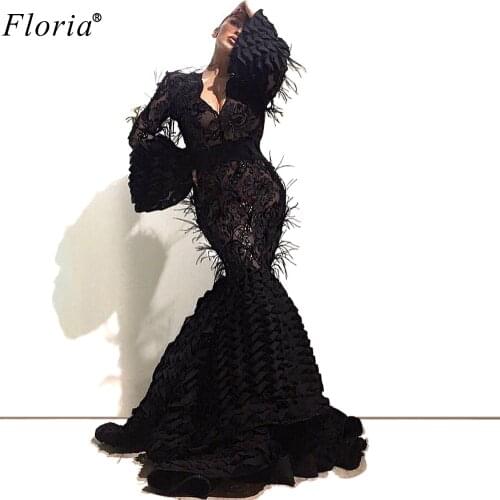 Dubai Gorgeous Black Lace Prom Dress Mermaid Long Arabic Celebrity Dress Runaway Photography Gowns Middle East Evening Dress