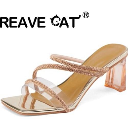 REAVE CAT 2021 Elegant Narrow Band Sandals Rhinestone Open Toe Slip-On Slingbacks 6.5cm High Crystal Square Heels Big Size 33-41