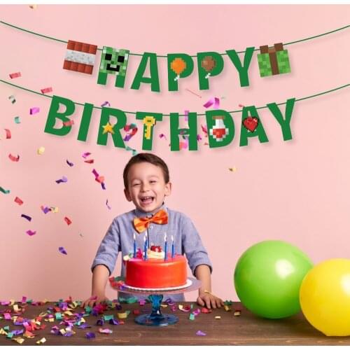 Kids Happy Birthday Banners Pixels Game Theme Party Backdrops Wall Hanging Bunting Decorations Baby Shower Party Supplies