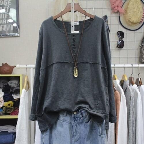 Cotton and Linen Women T-Shirts 2021 Summer New O-Neck Long-Sleeved Loose Casual All Match Female Pulls Tops