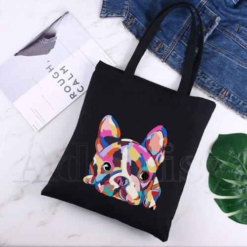 French Bulldog Canvas Black Shopping Tote Bag Reusable Shoulder Cloth Book Bag Gift Handbag