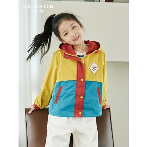 KC.Child 2020 Fall Childrens Trench Coat Kids Waterproof Coat Color-block Hooded Rain Jacket Toddlers Trench Windbreaker