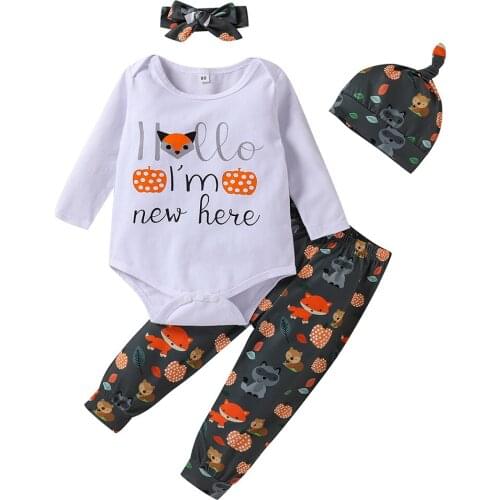 Baby Boy Girl Romper Set Kids Fox Letter Print Romper Pants Hat Headband 4pcs Set Casual Clothing Set for Infant Toddler Clothes