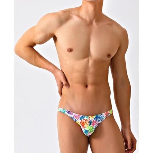 Colorful leaf printed swimsuits sexy men bikinis swimming trunk hot low waist narrow side men swimwear bathing suits samll size