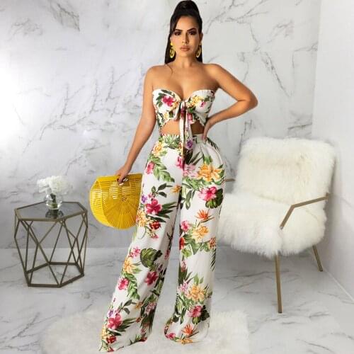 Summer Vacation Outfits Floral Print 2 Piece Matching Set 2021 Bow Tie Off Shoulder Crop Top and Loose Wide Leg Trouser Vintage