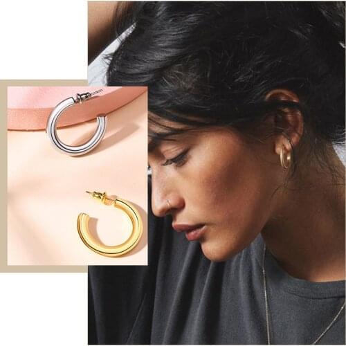 Womens C Shaped Hoop Earrings, Gold Color Solid Stainless Steel Metal Huggies, Minimalist Chic Street Party Elegant Ear Jewelry