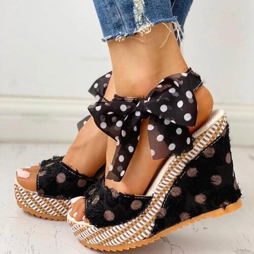 Sandalen Vrouwen Platform Wiggen Hak Sandalen Mode Katoen Stof Dot Lace-Up Schoenen Schoeisel 2021 Zomer Sandalen