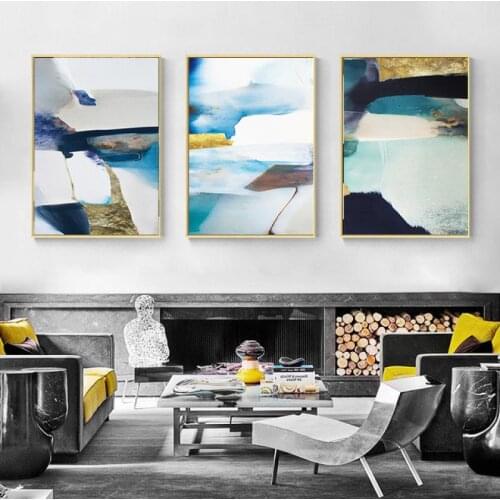 Modern Abstract Art Series Wall Painting Light Luxury Blue Gold Foil Color Block Stitching Home Frameless Canvas Printed Poster
