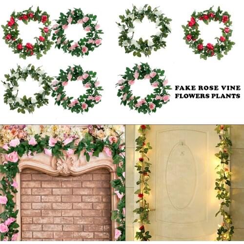 2PCS Silk Artificial Rose Vine Hanging Flowers White Rattan Fake Plants Leaves Garland for Romantic Wedding Home Wall Decoration