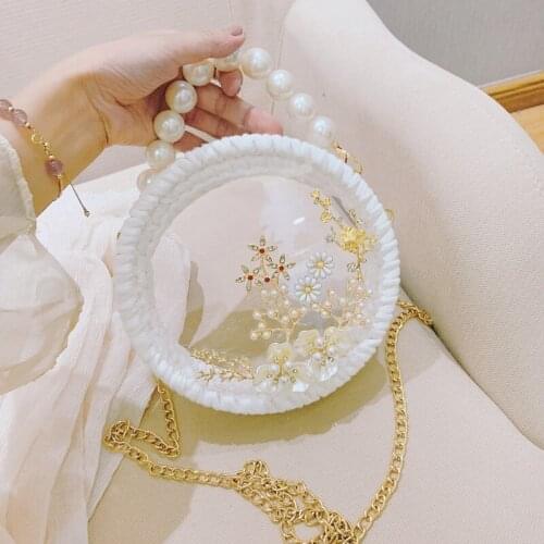 Pearl Bags Women New Fashion Handmade Weaving Flower Ladies Circular Handbag Famous Brand White Shoulder Crossbody Bags