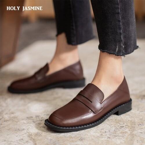 2021 Genuine Leather Square Heel Slip on Ladies Shoes Loafers Spring Autumn Casual Round Toe Basic Women Pumps Big Size 34-43