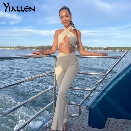 Yiallen Sexy Hollow Out Bandage Camisole Trousers Two Piece Set Women 2021 Summer Party Vacation Beach Solid Rib Knit Suit Lady
