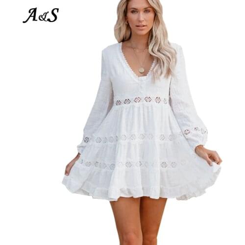 Anbenser Autumn Elegant Ruffles Mini Dress Women Sexy V-Neck Long-Sleeve Dresses Female A-Line Hollow Pattern Sundress Plus Size