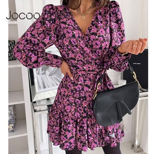 Jocoo Jolee Women Puff Long Sleeve Print Dress Casual V Neck Lace Up Pleated A Line Dress Autumn Elegant Vintage Club Mini Dress