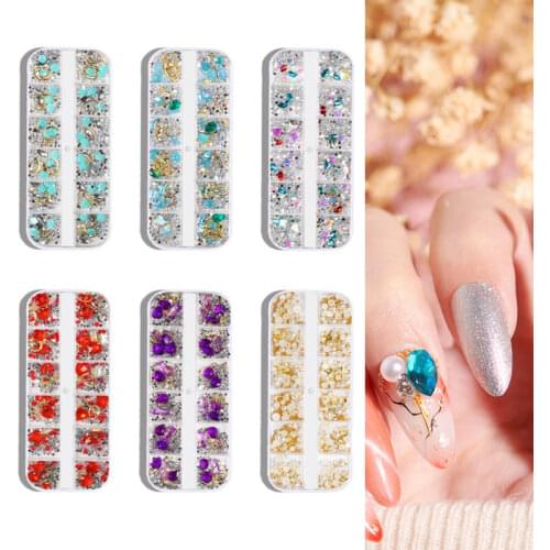 6 Styles 1 box Nail Art Rhinestones Nail Crystal Gems Metal Nail Studs Pearls Crystal Flat-Back Rhinestone Manicure Jewelry