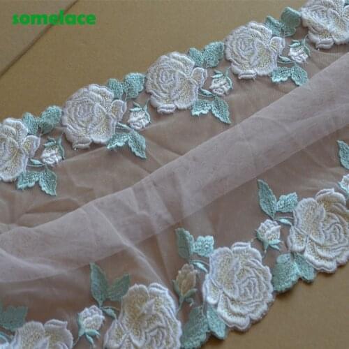 1Yd 30cm Wide Transparent Gazue White Green Mirror Floral Embroidery High Quality Lace Trim For Garments And Wedding Decoration