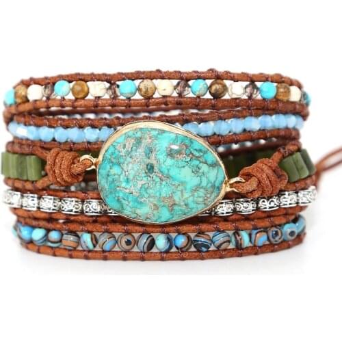 2021New Royal Pine Stone Hand Woven Leather Hand String Bohemian Creative Multi-layer Hand Decoration Bracelet for Women
