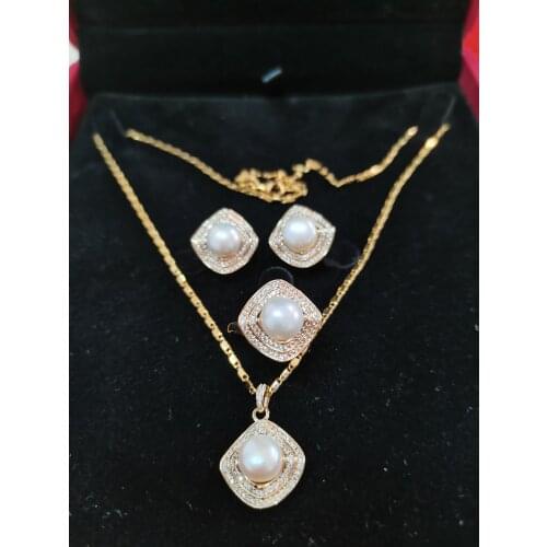 Noble atmosphere womens white freshwater pearl pendant ring earrings set micro inlay zircon square accessory fashion jewelry