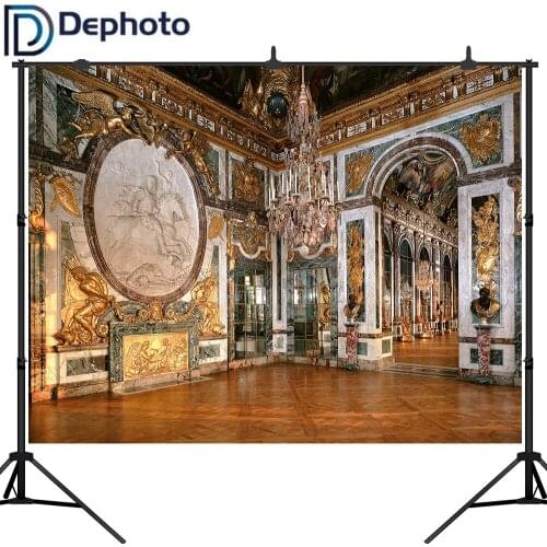 Dephoto Luxurious Gold Palace Crystal Chandelier Arch Door Wedding Photography Backgrounds Indoor Scenic Photo Studio Backdrops
