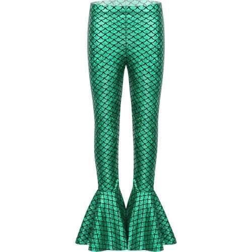 Kids Girls Shiny Mermaid Fish Scales Printed Bell Bottoms Flared Pants Trousers Halloween Party Dancing Leggings Tights 3T-8