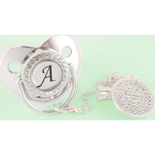 0-12 Months BlingBling Silver Baby Pacifier With Clips 26 Name Initial Letters Infant Soother Newborn Baby Teat Shower Gift