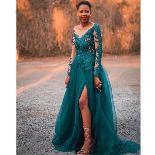 Emerald Green Tulle Formal Prom Dresses 2020 Long A-Line African Evening Gowns Long Sleve Appliques Beaded Leg Slit Dinner Gown